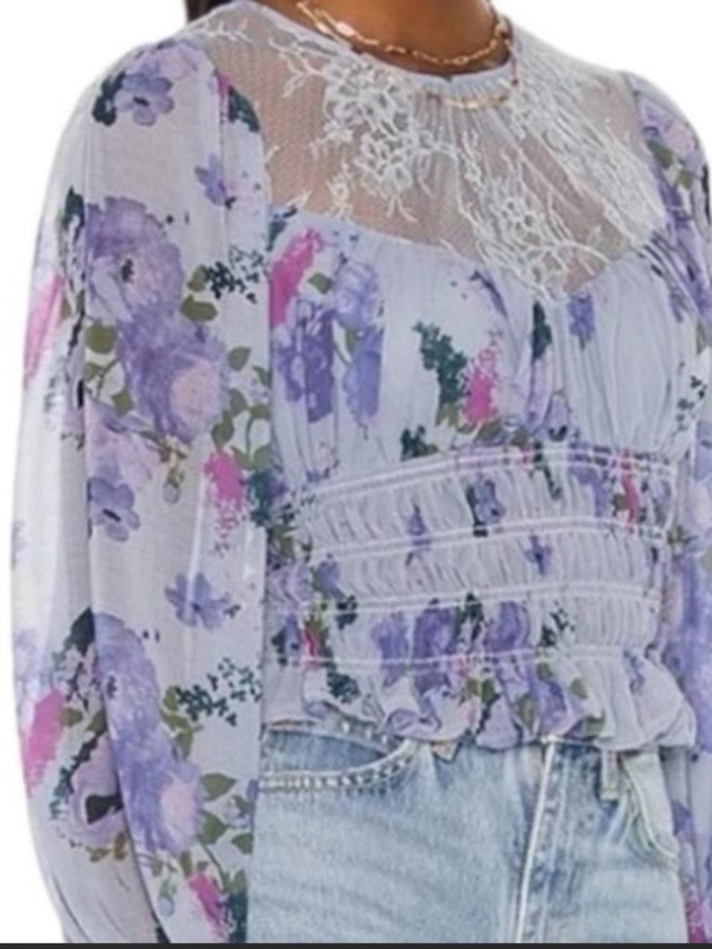 Free People Floral Lace-Trim Long Sleeve Top - Picture 2 of 5